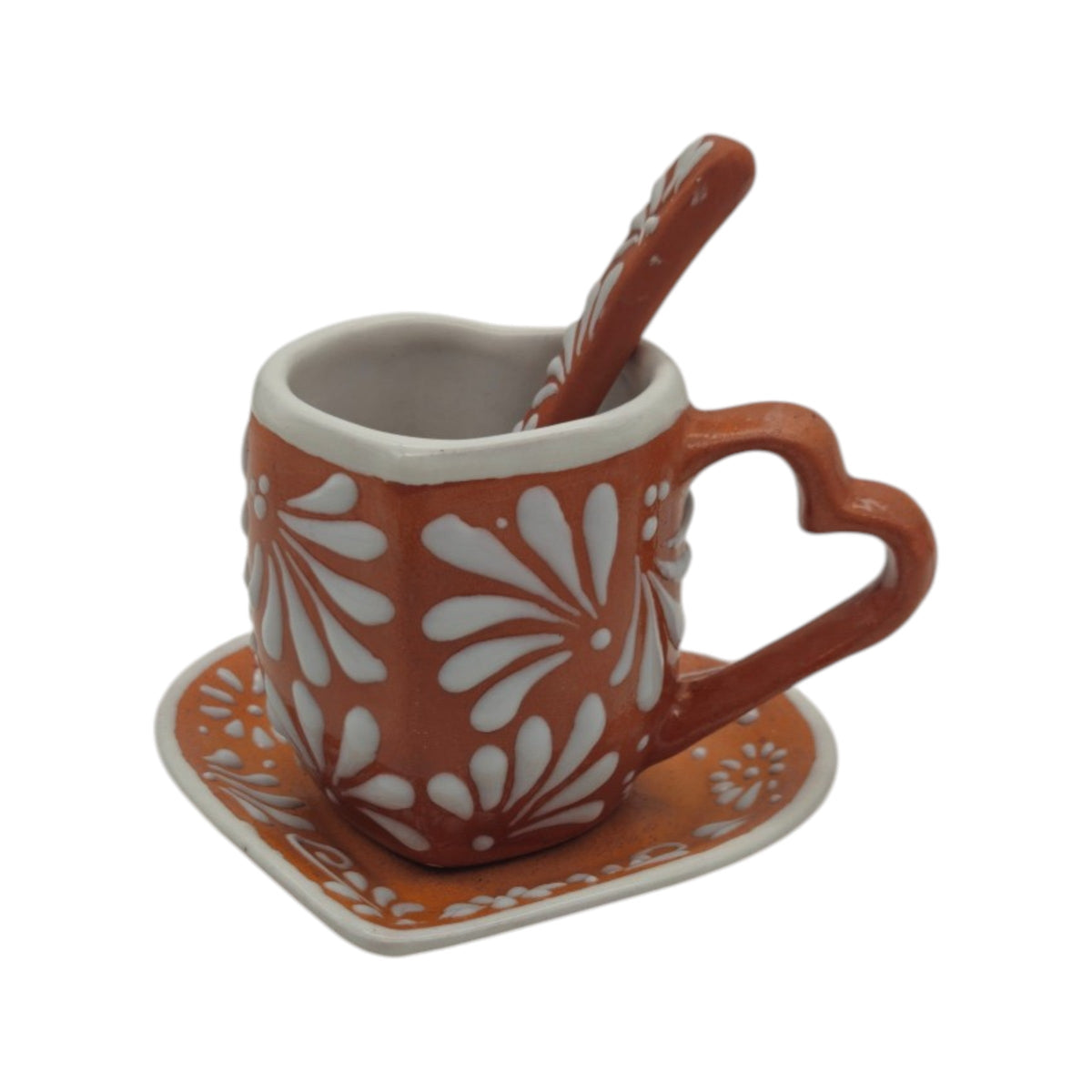 Brown Talavera Heart Mug Set | Cup, Plate & Spoon