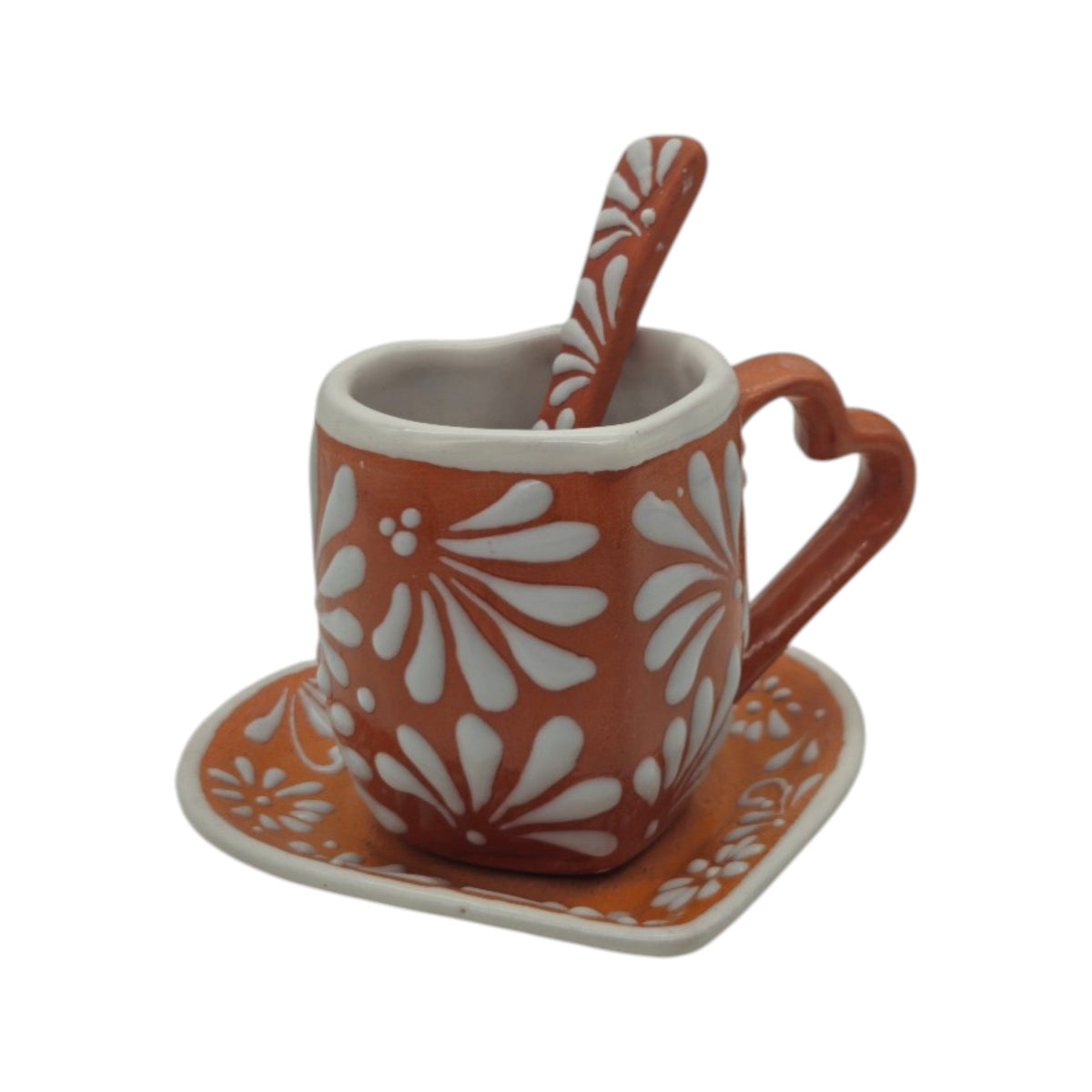 Brown Talavera Heart Mug Set | Cup, Plate & Spoon