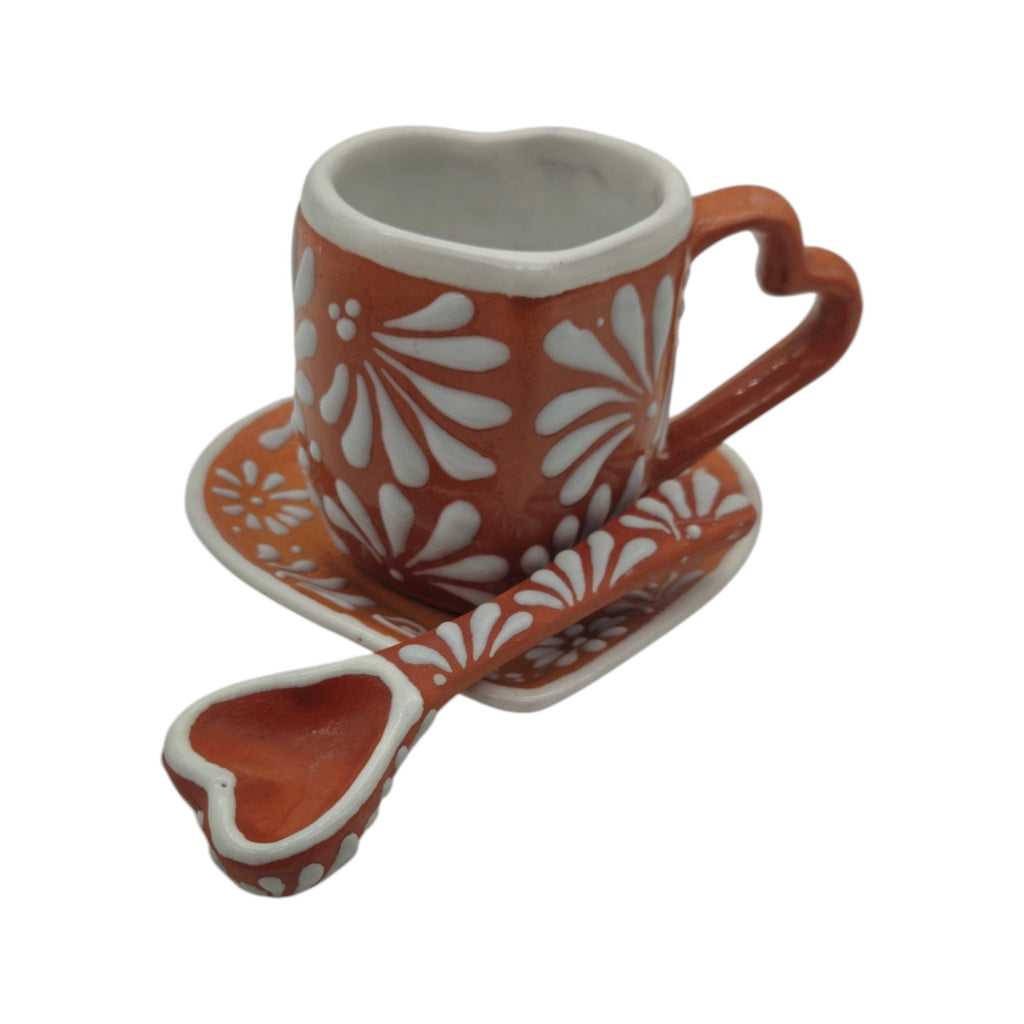 Brown Talavera Heart Mug Set | Cup, Plate & Spoon