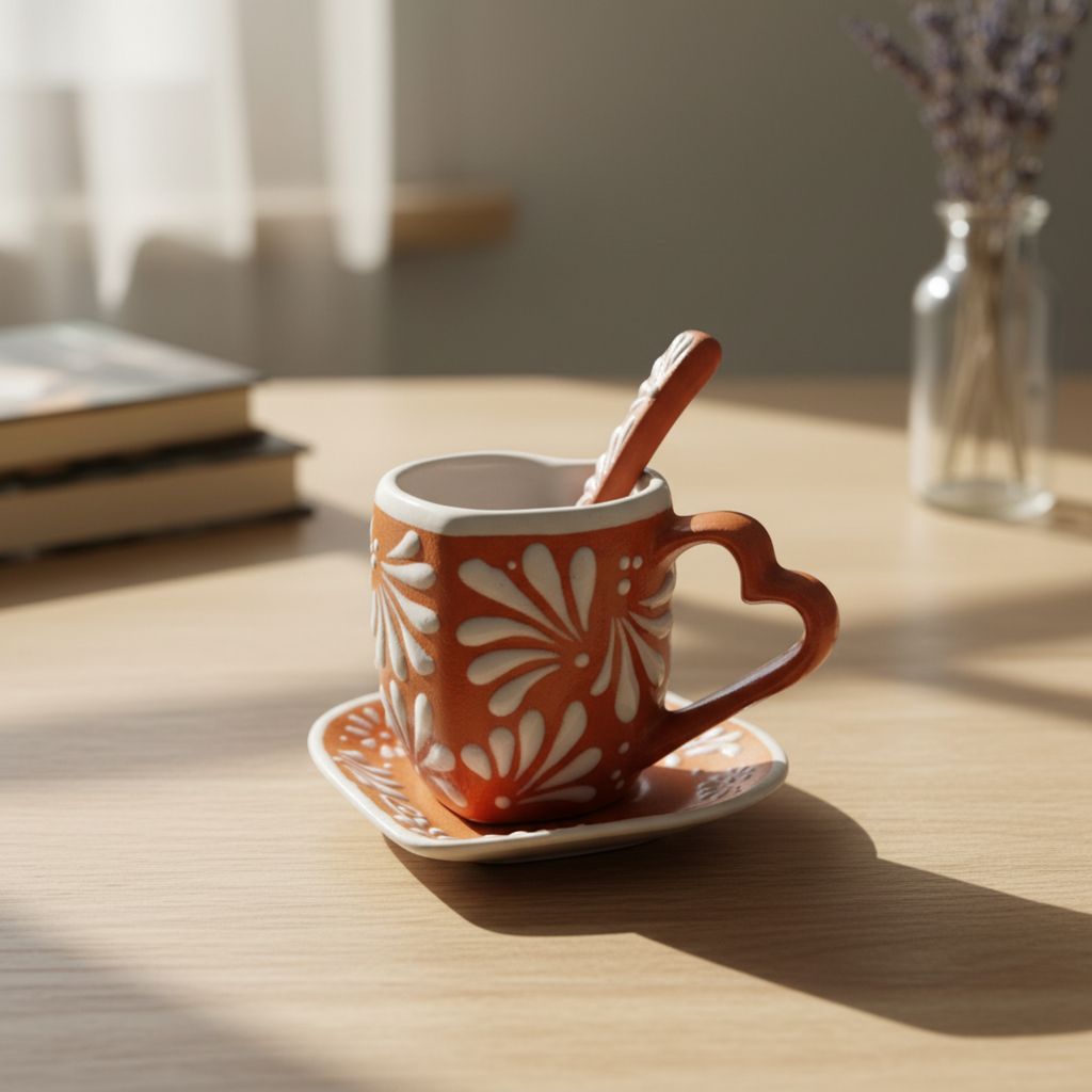 Brown Talavera Heart Mug Set | Cup, Plate & Spoon