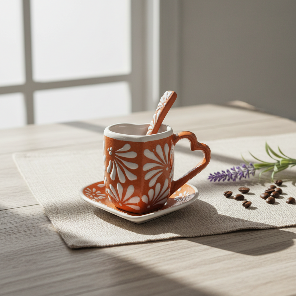 Brown Talavera Heart Mug Set | Cup, Plate & Spoon