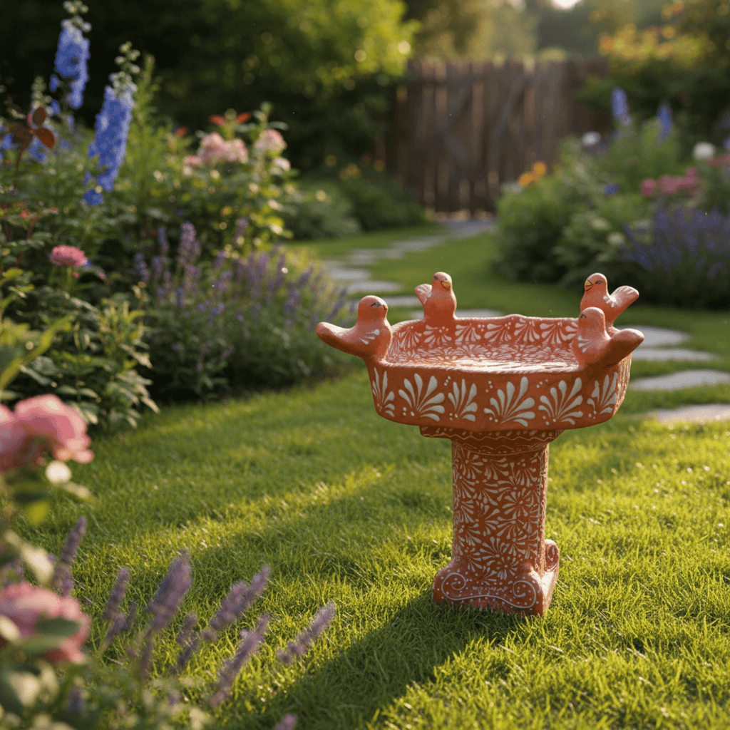 Talavera Bird Bath | Brown & White Hand-Painted Garden Art