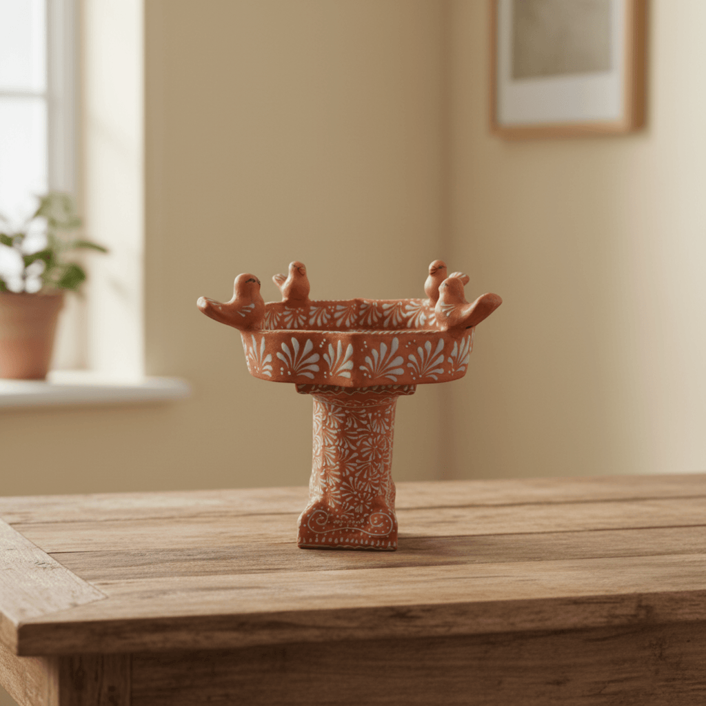 Talavera Bird Bath | Brown & White Hand-Painted Garden Art